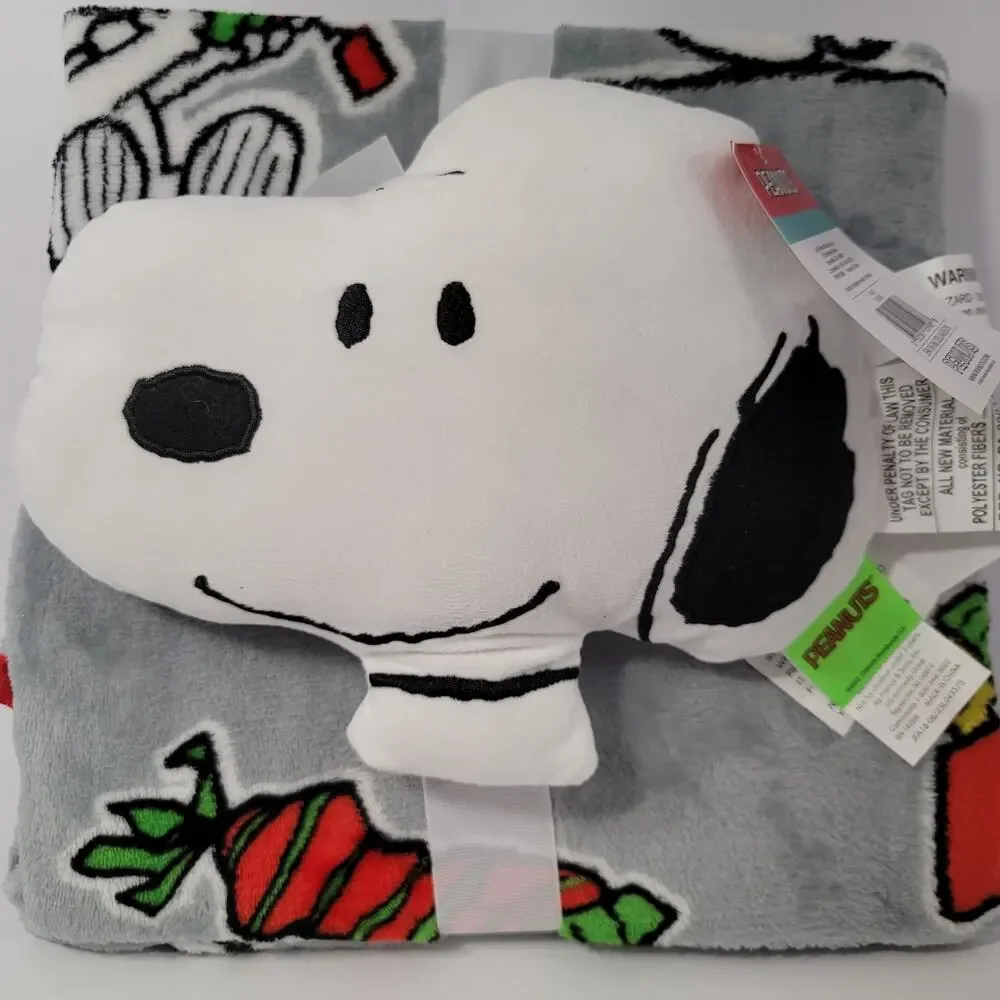 Nogginz Snoopy Peanuts Christmas Pillow‎ Fleece Travel Blanket Set Holiday Gift